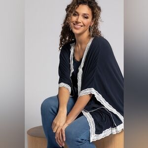 Navy Ulla Popken Size II Lace Trim Knit Kimono